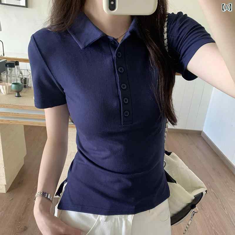 レディースポロシャツ ネイビーブルーの ポロシャツ カラー 半袖 Tシャツ レディース 夏 2025 スリムフィット ハイエンド シック トップ