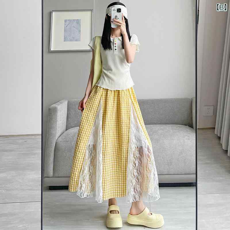 パンツドレス レディース ブルーの チェック 柄 スカート レディース 夏 2025 ハイウエスト aライン ロング 小さい 不規則な レース
