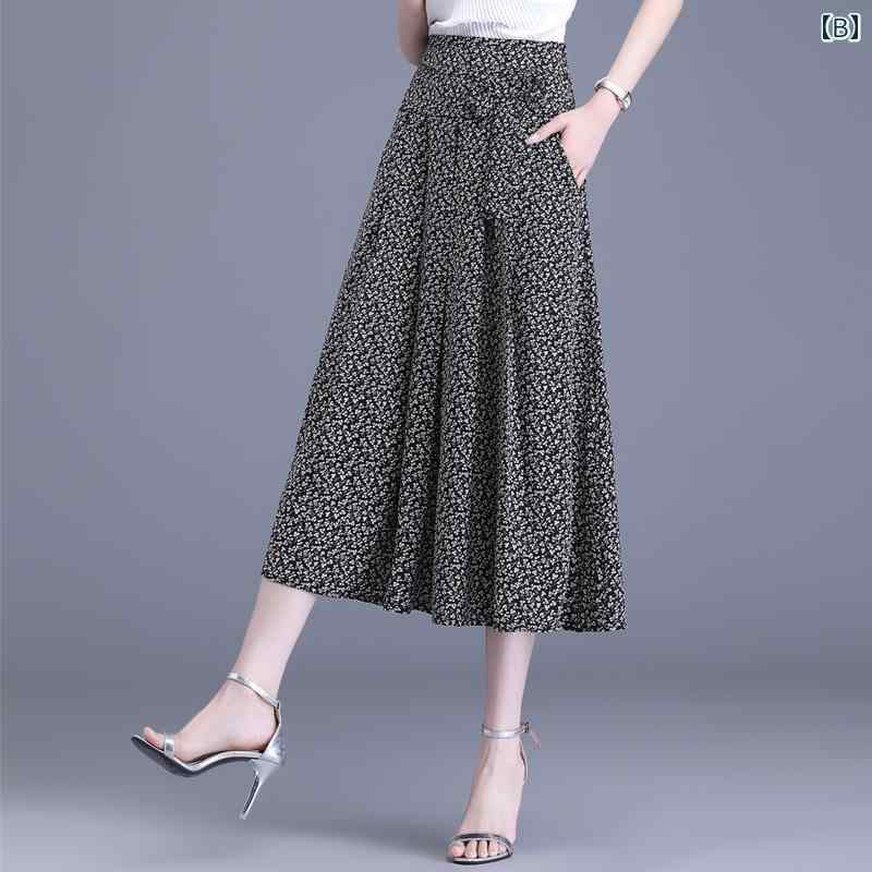 パンツドレス レディース 花柄 シフォンスカート レディース 夏 薄手 シングル スカート 2025年 スリム ミディアム ロング ビッグ スイング ポケット 付き aライン