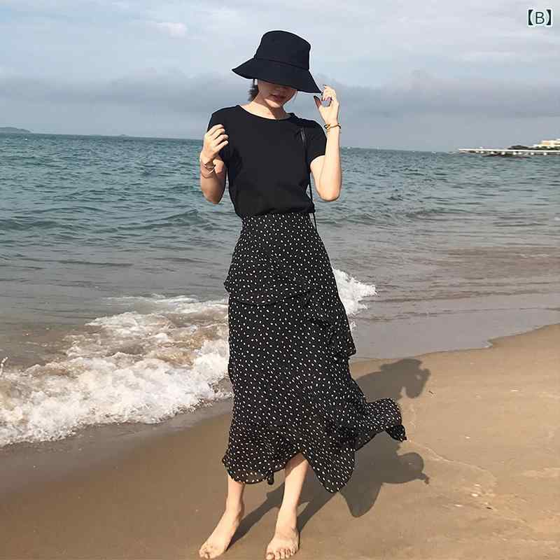 パンツドレス レディース 不規則な 花柄 スカート ミドル 丈 ハイウエスト 黒の 薄手 シフォン aライン ケーキ 柄 ドット レディース ロング