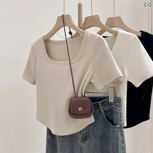 パンツドレス レディース アプリコット ストレート ショルダー 半袖 Tシャツ レディース 2025夏 カーブ ヘム フレンチ 鎖骨 スクエアネック ショート トップス パンツドレス レディース アプリコット ストレート ショルダー 半袖 Tシャツ レディース 2025夏 カーブ ヘム フレンチ 鎖骨 スクエアネック ショート トップス