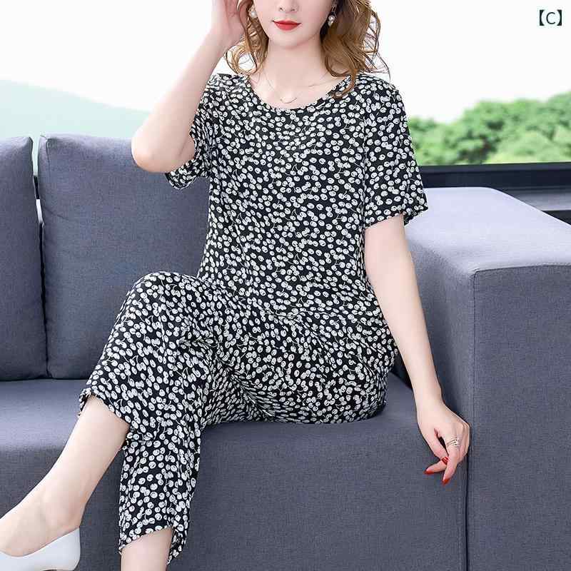 パンツドレス レディース レディース 夏の 綿 スーツ アウターウェア 洋風 のお母さん ゆったり 半袖 ズボン パジャマ 家 着