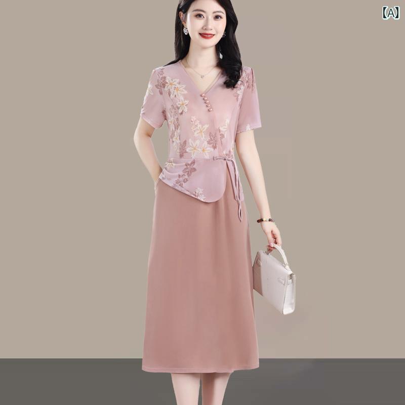 パンツドレス レディース ママ 夏の 半袖 ワンピース 新型 西洋風 50歳 中年 レディース チャイナ風 フェイク ツーピース スカート