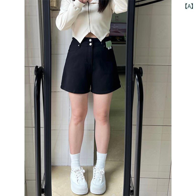 インナー ブラック ハイウエスト デニムショートパンツ レディース 夏用 大きいサイズ 太め mm ゆったり スリム 洋 ナシ型 aライン ワイド レッグ ホット パンツ