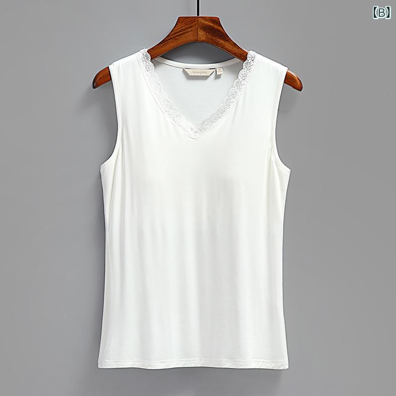 インナー 胸 パッド 付き レディース モダール ワイド バンド ベスト ワンピース ブラなし ゆったり フィット ボトム ミディアム 丈 Vネック