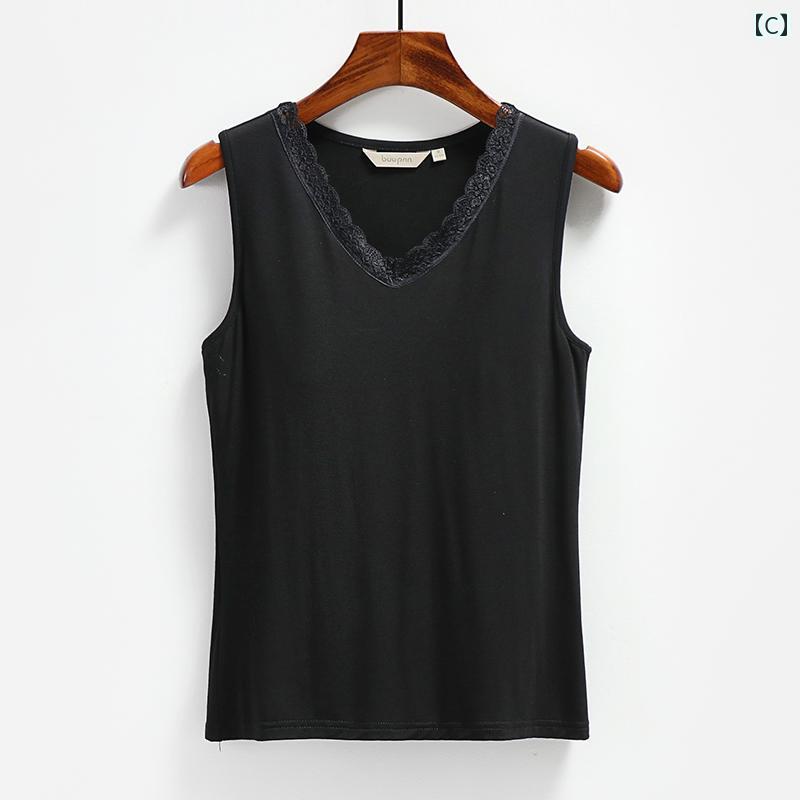 インナー 胸 パッド 付き レディース モダール ワイド バンド ベスト ワンピース ブラなし ゆったり フィット ボトム ミディアム 丈 Vネック