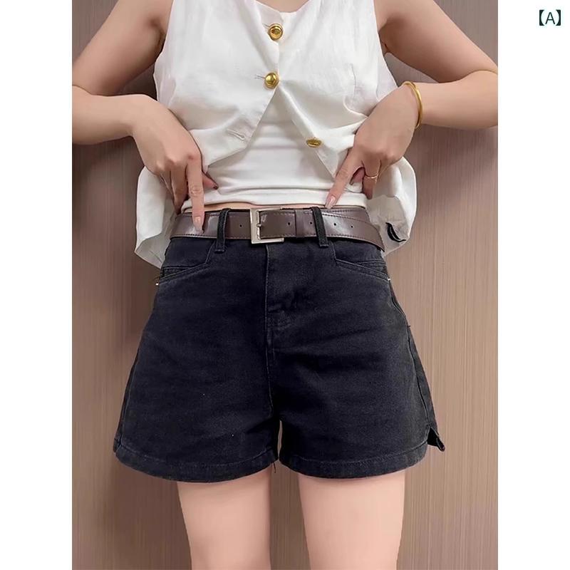インナー ブラック デニムショートパンツ レディース 2025夏 スモール ハイウエスト スリム 大きいサイズ スプリット ワイド レッグ ホット パンツ