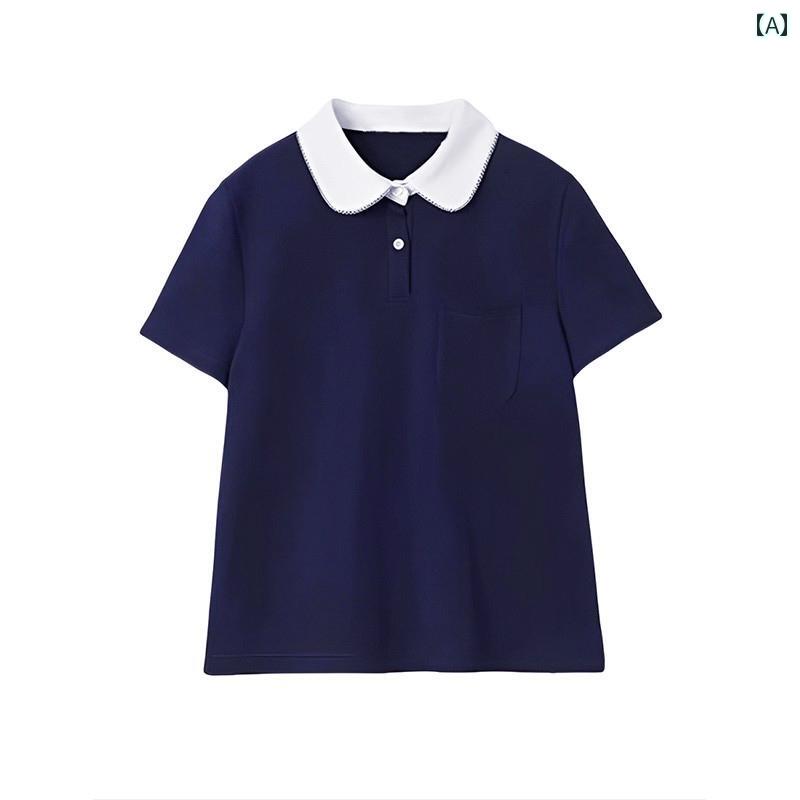 レディースポロシャツ 張 若 楠同 型 ブルー ドール カラー 半袖 Tシャツ 女性 夏 カレッジ スタイル コントラスト レース ポロシャツ トップス