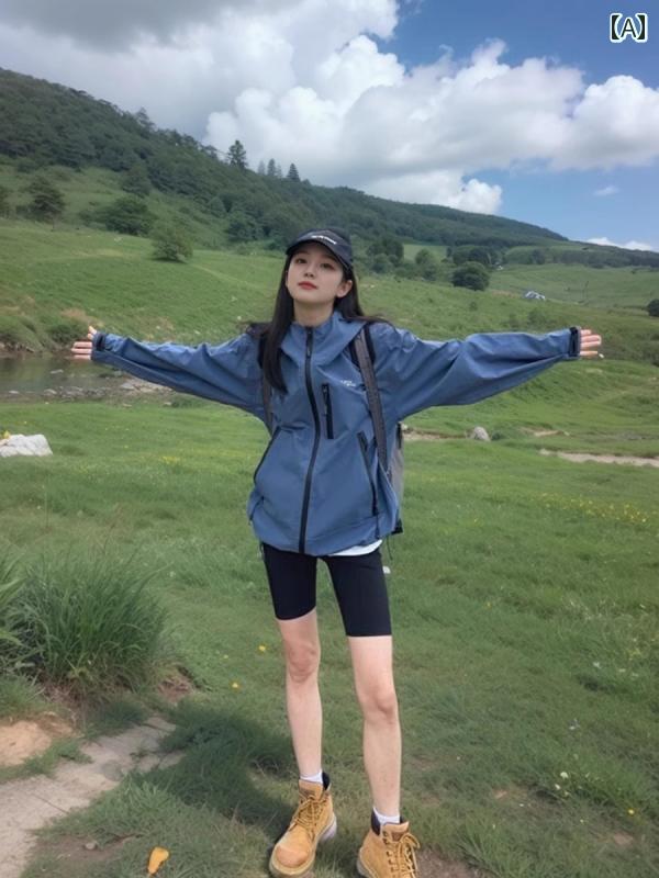 アウター パーカー アウトドア 2025年の新作ウィメンズ用のブルーカラーのアウトドア軍服風のジャケット。アメリカンスタイルの3-in-1デザインで、カップルでの登山にもおすすめ。