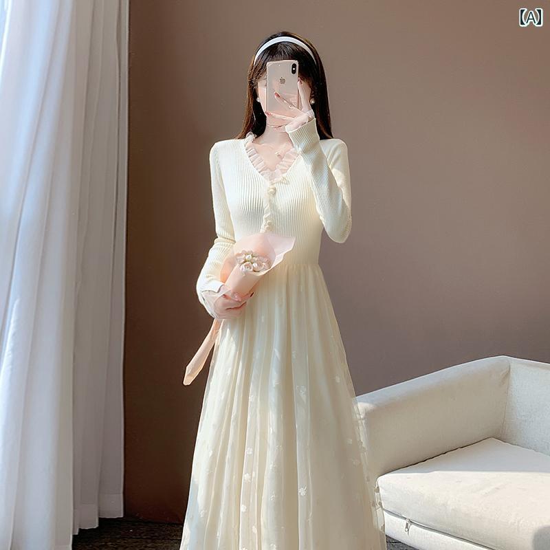 春の新作、フレンチスウィートな雰囲気、優しい初恋少女風のスリムなメッシュワンピース。