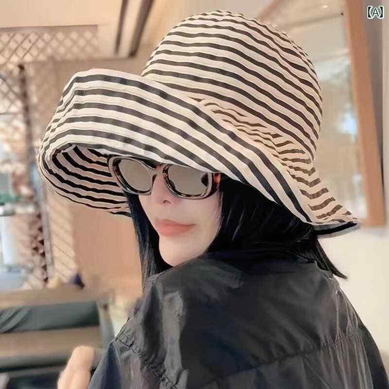 帽子 レディース サンハット 夏のストライプ柄のフィッシャーマンハットは女性向けで、新しいデザインで、つばの長さも可変可能で、日焼け止め効果もある帽子で、帽子の飾りベルトもあり、おしゃれで頭周りの大きさも調節可能です。