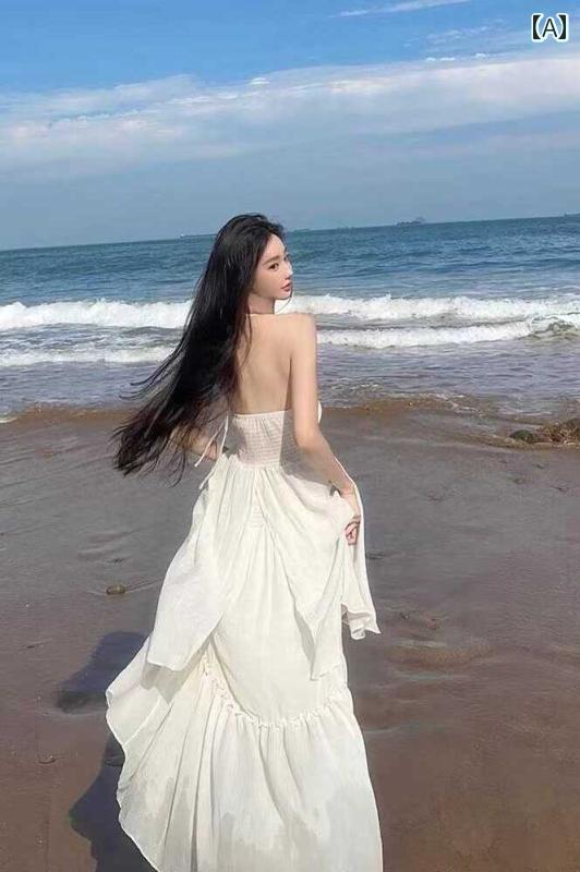 ワンピース ドレス レディース 海辺のリゾートでありながら、法国風のロマンチックな雰囲気を存分に味わえるオフショルダーとネックストラップが付いたロマンチックなロングドレス、優美なドレープ感を漂わせる仙女風のドレス。