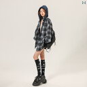 2025年春の新作、レトロなチェック柄のフード付きシャツジャケット。女性用のリラックスしたカジュアルシャツで、ゆったりとしたデザインのロングスリーブトップスです...