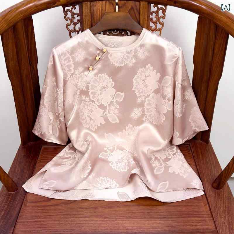 涼しい トップス レディース チャイナ風 シャツ レディース 半袖 ジャカードブラウス 夏服 杭 州 ビッグ 高級 桑 絹 トップ
