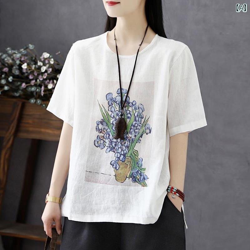 ベーシック トップス レディース 大きいサイズ レディース 半袖 Tシャツ 夏の 2025 ゆったり 綿 リネンの トップス 女性用 高級 リネン 軽い ハイエンド