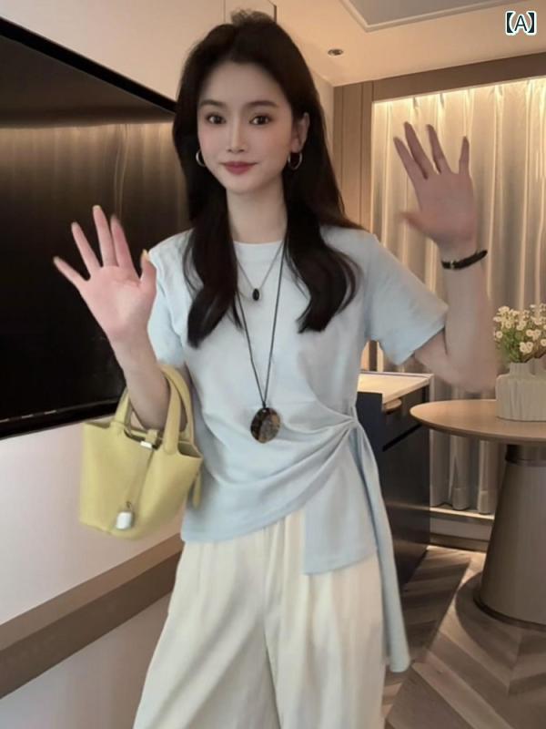 ベーシック トップス レディース 不規則な ラウンドネック 半袖 Tシャツ 女性用 2025夏の新 な ウエスト スリミング かっこいい トップス