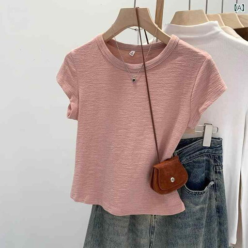 ベーシック トップス レディース ラウンドネック 半袖 Tシャツ レディース 2025 夏 韓国 ショルダー テクスチャ 生地 ショート トップ ベーシック トップス レディース ラウンドネック 半袖 Tシャツ レディース 2025 夏 韓国 ショルダー テクスチャ 生地 ショート トップ