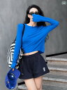 ベーシック トップス レディース ブルーの ラウンドネック 肩パッド 長袖 日焼け防止 Tシャツ 女性 2025夏 薄手 ゆったり ブラウス レイヤリング シャ...