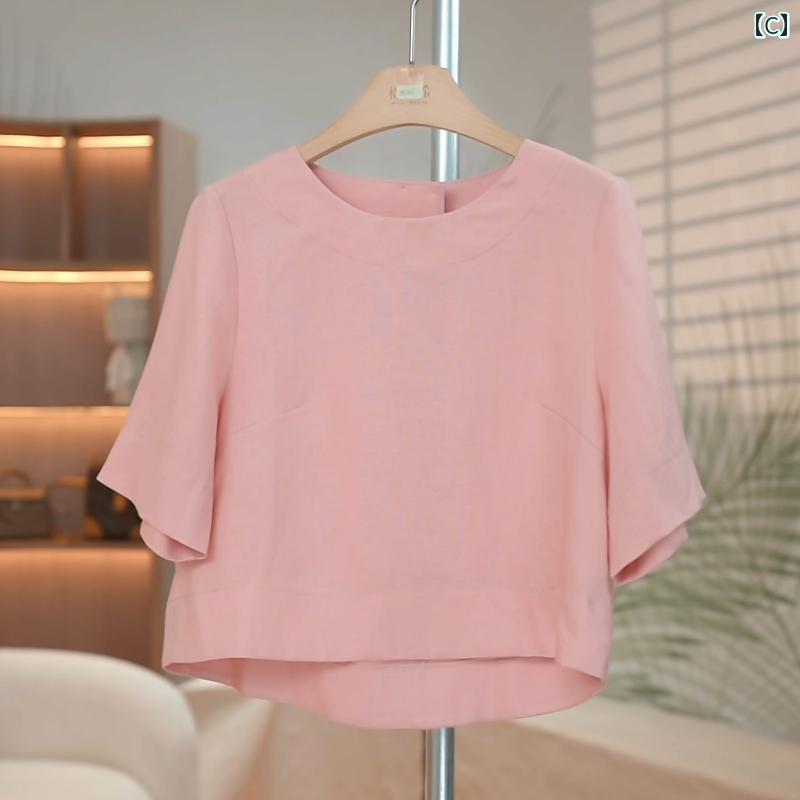 ベーシック トップス レディース リネン トップス レディース 2025夏 ハイエンド 半袖 シャツ スリム ホワイト 七分袖 Tシャツ