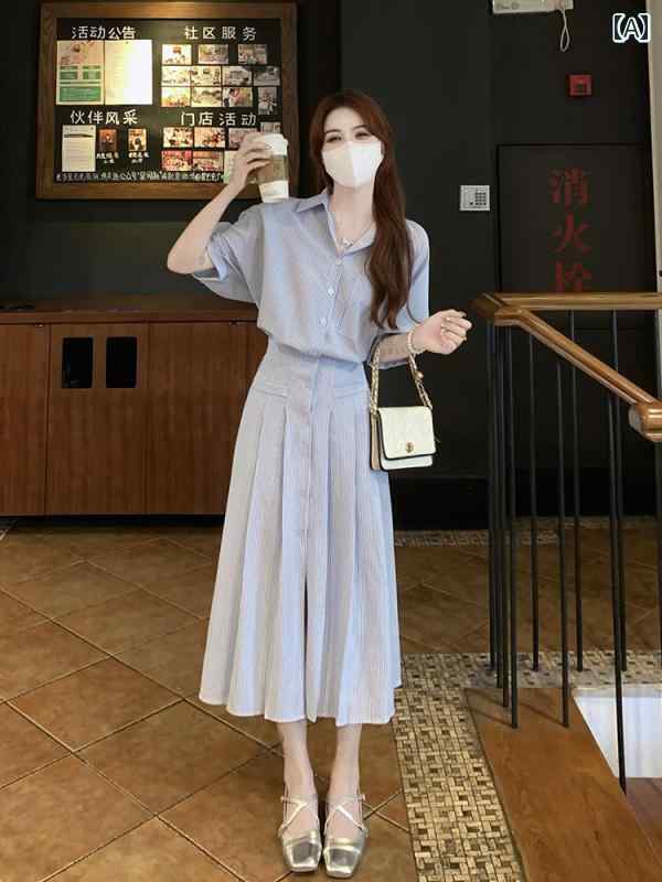 かわいい シャツワンピース レディース 夏の ストライプシャツワンピース レディース 服 2025 新型 小さい サイズ aライン ミドル 丈 スカート ハイエンド