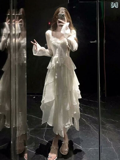 ワンピース ドレス レディース フランスの 優しい シフォン 長袖 ドレス 妖精 春秋 冬 気質 美しい 不規則な 誕生日小さな スカート ワンピース ドレス レディース フランスの 優しい シフォン 長袖 ドレス 妖精 春秋 冬 気質 美しい 不規則な 誕生日小さな スカート