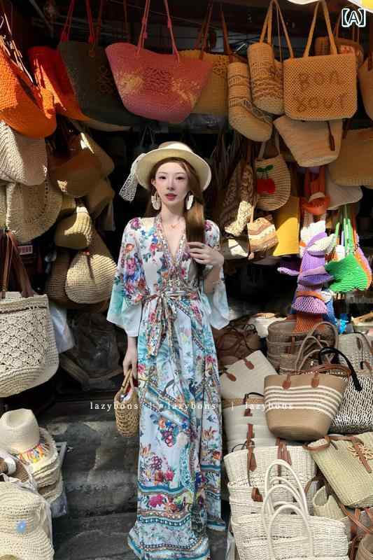 ワンピース ドレス レディース ホリデー スタイルの ドレス 2025 新しい 女性の 夏の ナポリ ドレス フレンチスタイルの 高級 気質 V ネック ロング スカート(4)