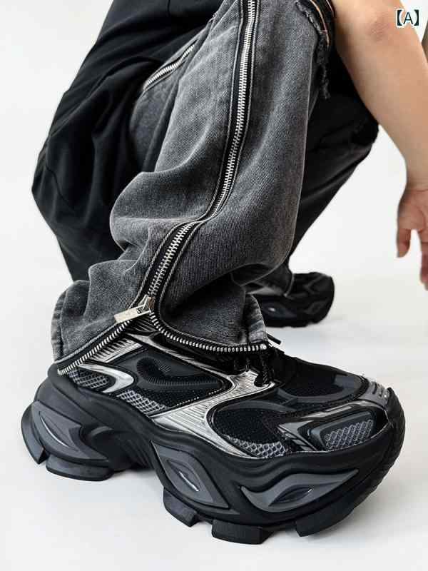 黒色 シューズ メンズ Tan Jianci 黒 戦士のお父さんの 靴 メンズ 厚底 身長が 伸びる キャットアイ シューズ カップル 向け 異なる 目付き チャイナ 風な ストリート メカ