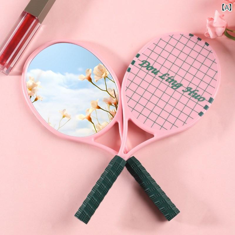 手鏡 コンパクト ミラー 子供用 小型 ポータブル 手持ち かわいい ハンドル 女の子用 メイクアップミラー テニス ラケット