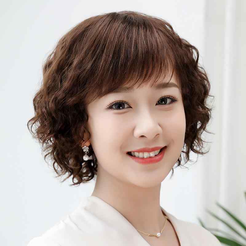 女性用 かつら 女性用 ウィッグ ショート ヘア 手編み リアル カール ママ スタイル フル 人 毛 ヘッド セット レディース ハゲ