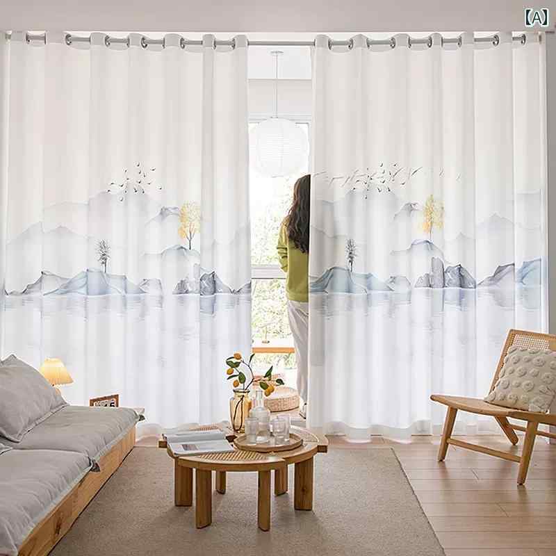 カーテン 遮光 レース 中国 風の 風景 カーテン、 穴あけ 不要、 取り付け、 リビング ルームの エアコ..