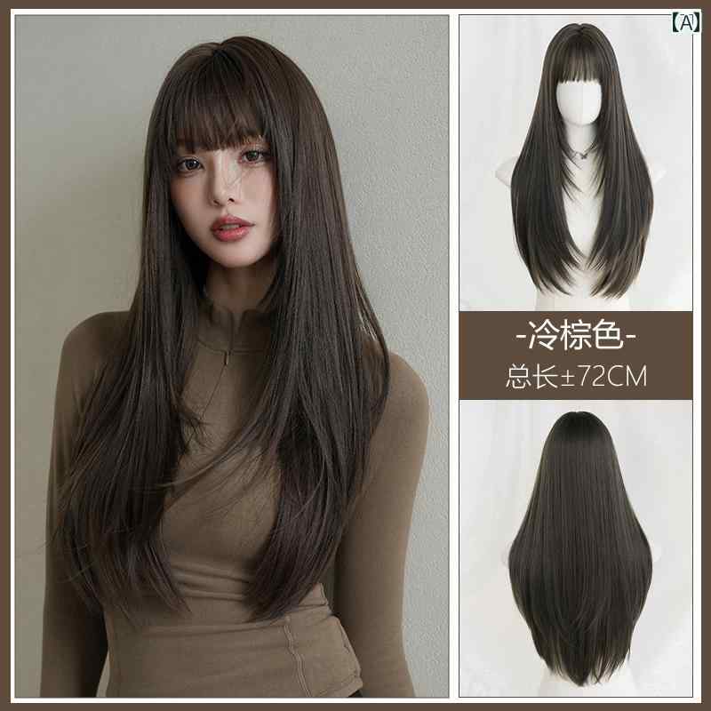 女性用 かつら 女性用 ウィッグ ロング ヘア フル ヘッド セット シミュレーション 人 毛 年齢を 軽減 ストレート 丸顔 ナチュラル コールド ブラウン