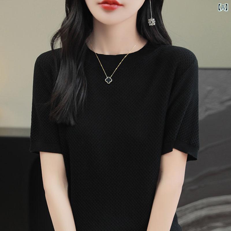 サマーニット レディース 女性用 半袖 Tシャツ 2025年 シンプル スリム 大きめ サイズ レディース 夏 ..