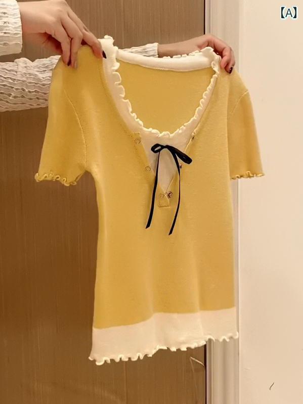 サマーニット レディース 2025夏の レディース イエロー フェイク ツーピース ニット セーター 半袖 女..