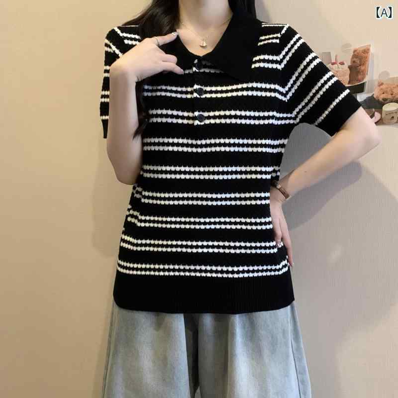 サマーニット レディース 大きいサイズレディース 夏 ポロシャツ 冷感 ニット ストライプ 半袖 mm スリ..