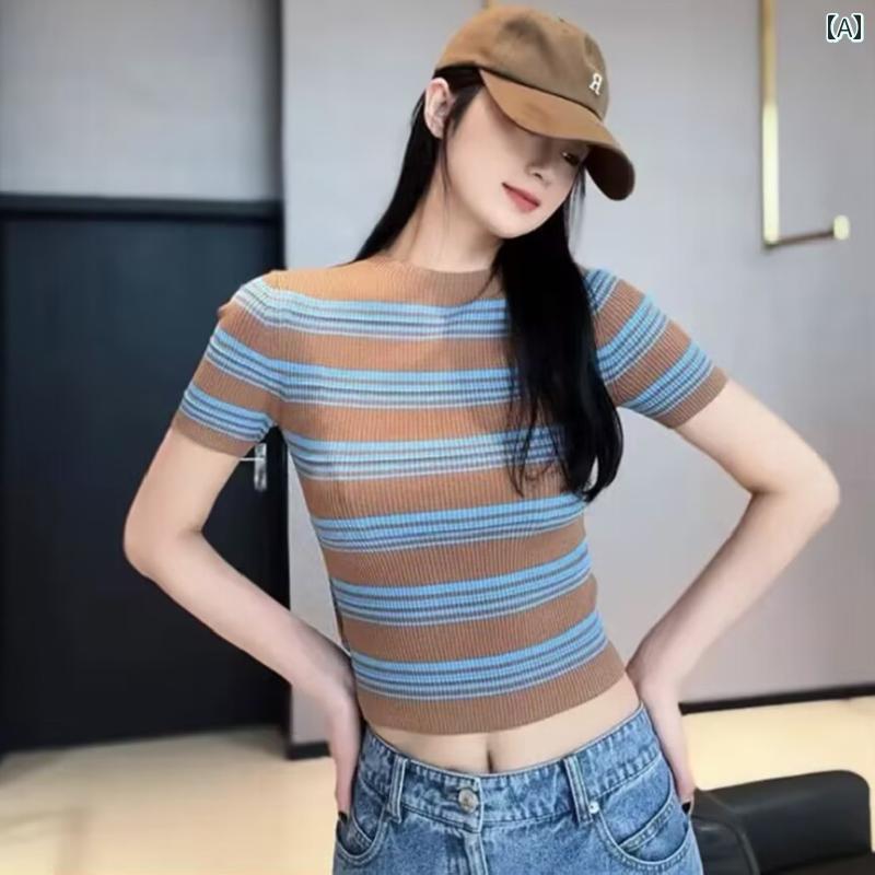 サマーニット レディース カウンター Oamashi レディース 服 2025 夏 ラウンドネック ストライプ スリ..