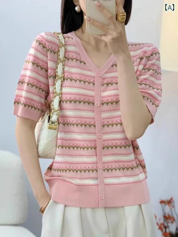 サマーニット レディース 冷感 半袖 Tシャツ セーター レディース 夏 スタイル トップス Vネック 大き..