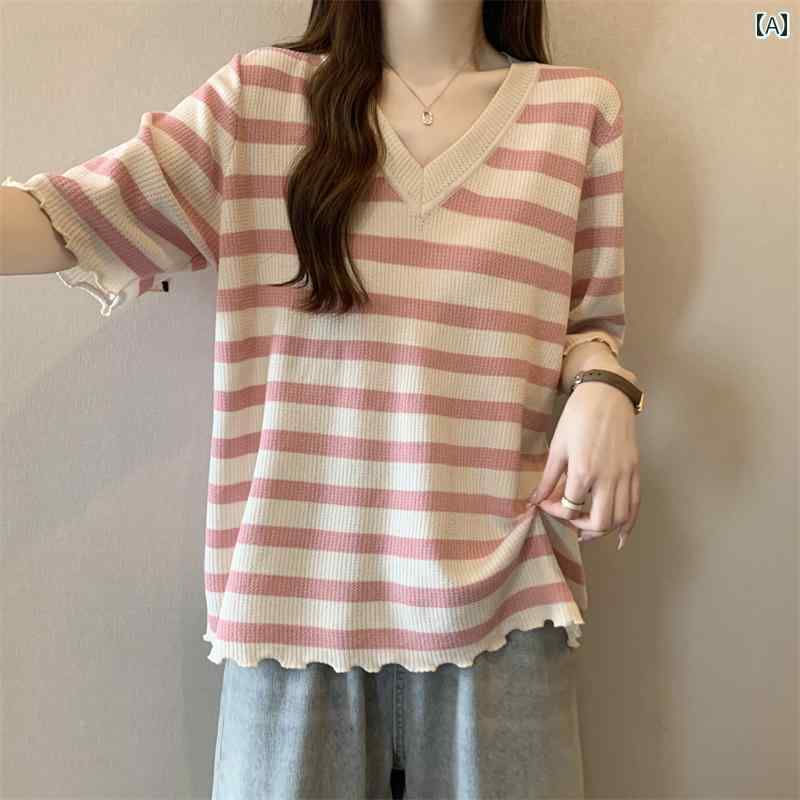 サマーニット レディース 2025夏の 大きいサイズ 婦人服 mm ハイエンド v ネック ストライプセーター ..