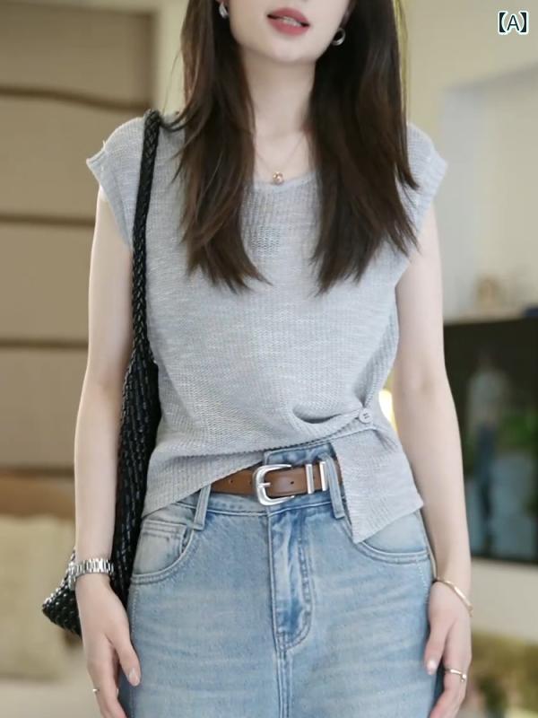 サマーニット レディース 裾 サイド バックル 半袖 セーター レディース 夏 Tシャツ 2025新 スタイル ..