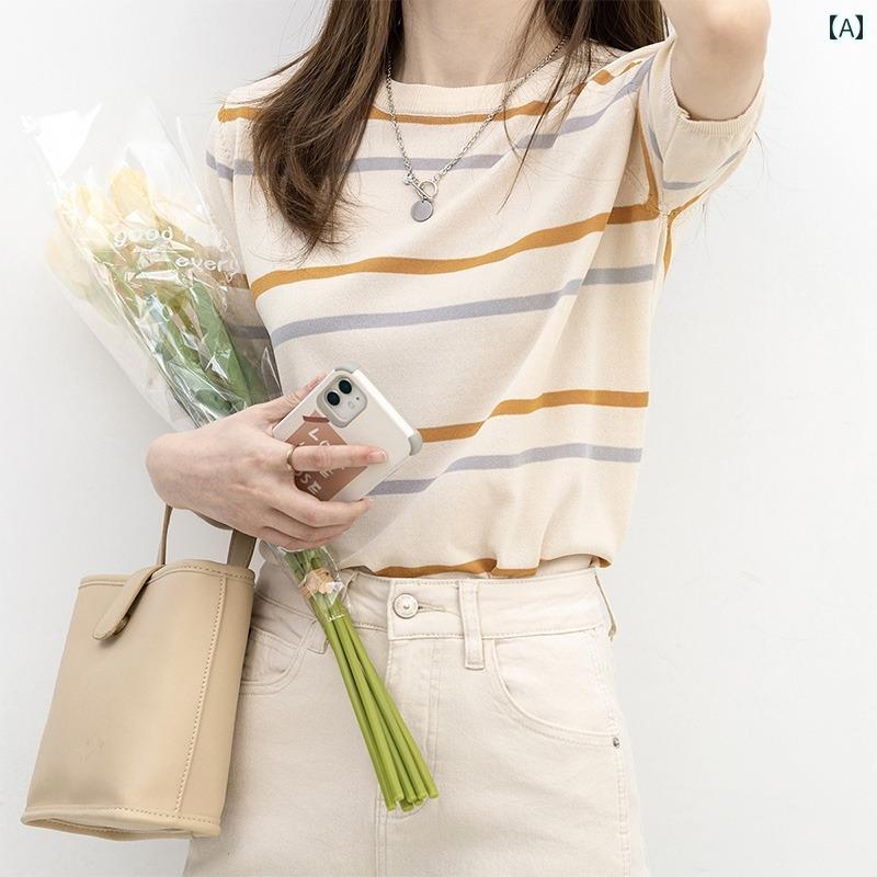 サマーニット レディース アウトレット 冷感 ニット セーター ストライプ 半袖 レディース フレンチス..