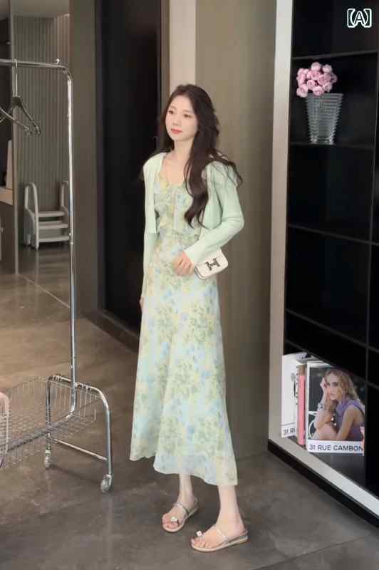 サマーニット レディース 2025夏の フレンチ ジェントル スタイル小 袖 フライング スリーブ 花柄 ワンピースと 日焼け防止 カーディガン ツーピース スーツ