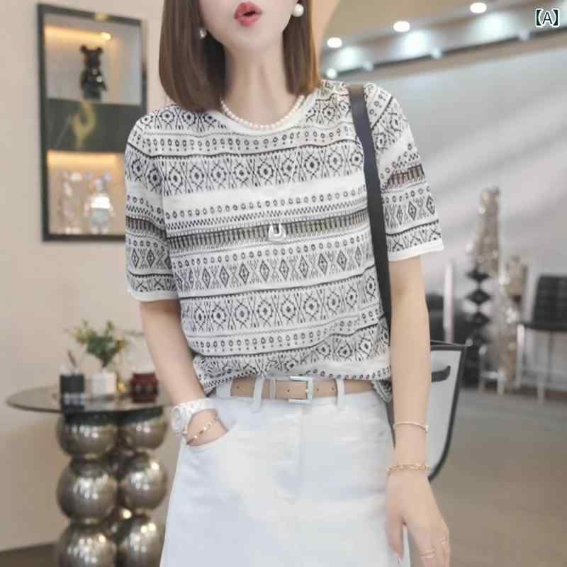 サマーニット レディース レトロ ジャカード ニット 半袖 Tシャツ レディース 大きいサイズ やや 太め..