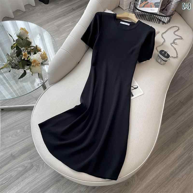 サマーニット レディース 風の リトル ブラック ドレス 夏の シンプル 無地 冷感 ニット ミドル 丈 Tシ..