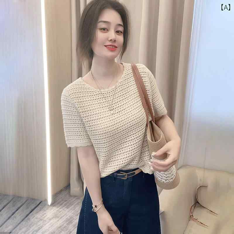 サマーニット レディース 冷感の 薄手 スタイル 半袖 ニット セーター 女性用 2025夏 ブラウス ラウン..