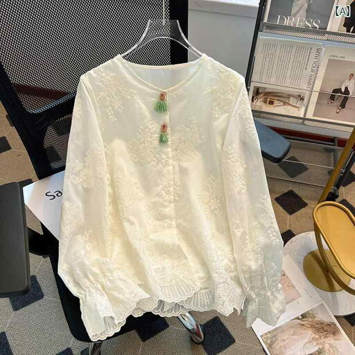 メンズ レディース 刺繍 女性の ための 新しい 中国 風 ジャカード 刺繍 シャツ 2025 春 高級 デザイン ニッチ タッセル ボタン ラウンド ネック トップ メンズ レディース 刺繍 女性の ための 新しい 中国 風 ジャカード 刺繍 シャツ 2025 春 高級 デザイン ニッチ タッセル ボタン ラウンド ネック トップ