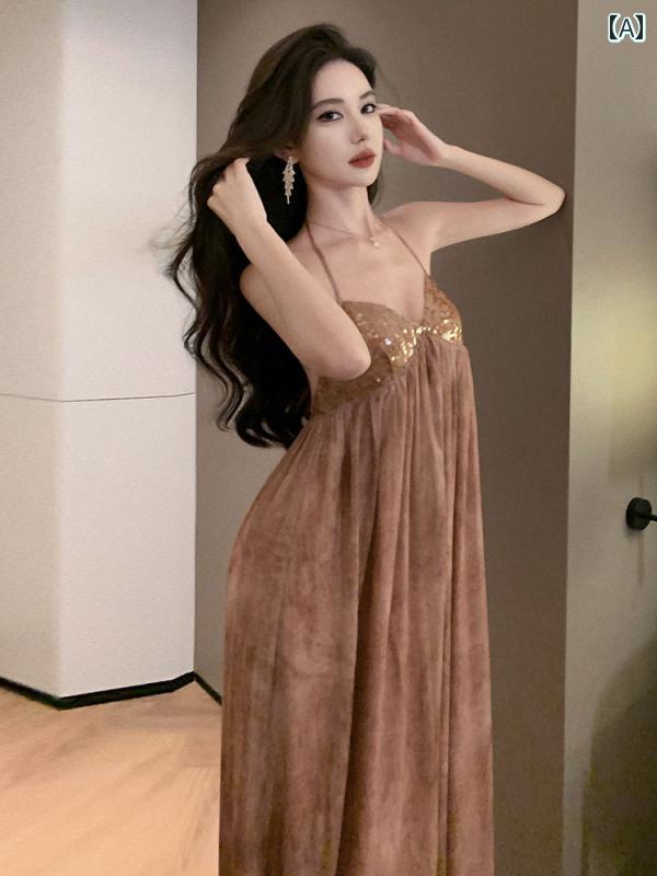 レディース トップス ホルターネック レディース トップス ホルターネック 三 亜 タイ ビーチ 旅行用 衣装、 プリント ダイ スプライシング スパンコールドレス、 ホルターネック、 レース アップ、 バックレス、 レディース ロング ドレス