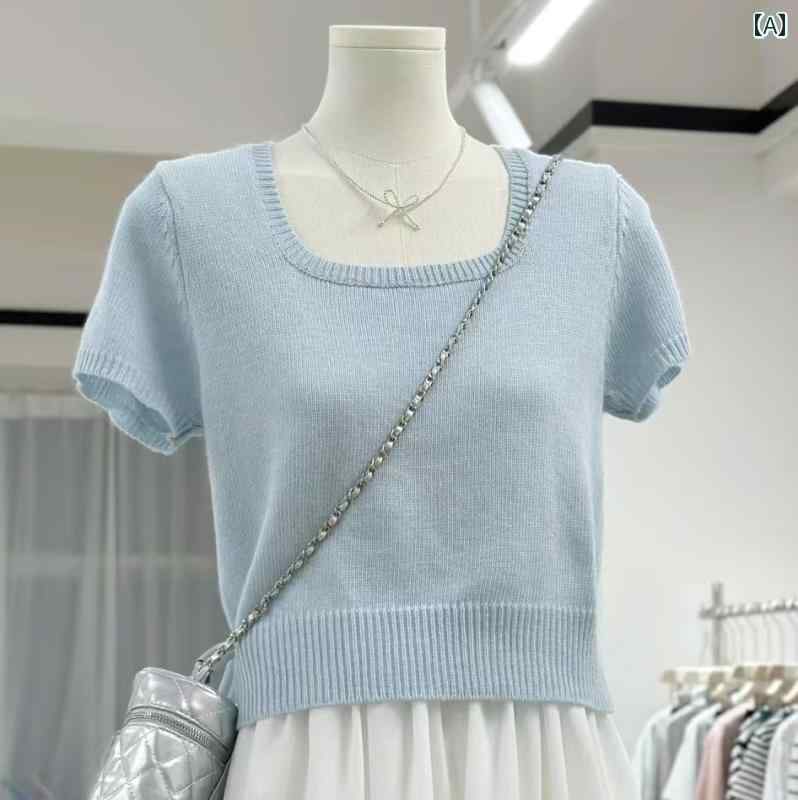 サマーニット レディース のの スクエアネック 半袖 トップス レディース 夏 薄手 スタイル 高級 ミルク ブルー 美 白 ソフト ニット セーター