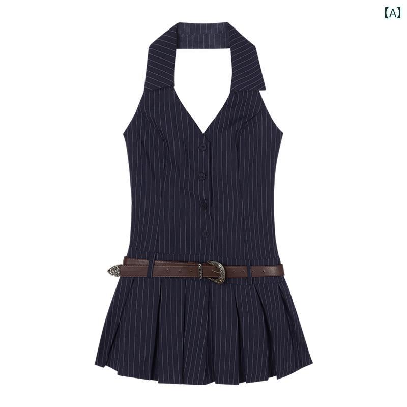 レディース トップス ホルターネック レディース トップス ホルターネック ホット ガール ノースリーブ v ネック ホルターネック ストライプ ドレス 女性の 夏の プリーツスカート 背中の 開いた ショート スカート 純粋な 欲望 a ライン