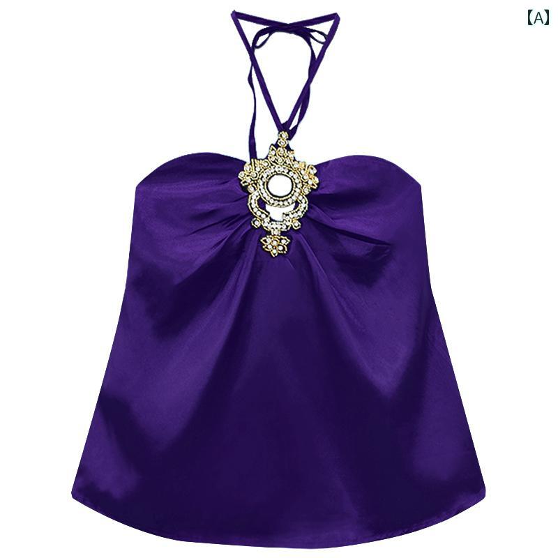 ホルターネック レディース トップス ホルターネック レディース トップス 韓国 風の 気質の 重厚な デザイン、 孔雀の 青の 美 白 ホルターネック、 ダイヤモンド プリーツ サテンの バックレスキャミソール トップ、 女性用 秋