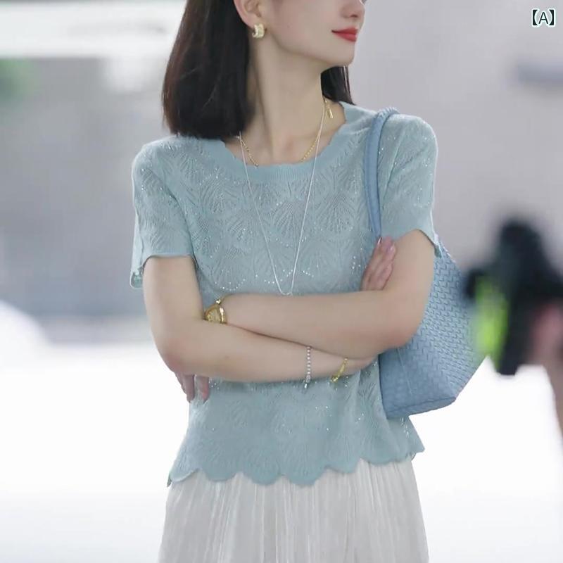 サマーニット レディース なの 高級 ブルー ラウンドネックフック フラワー ファイン フラッシュ 半袖 ..