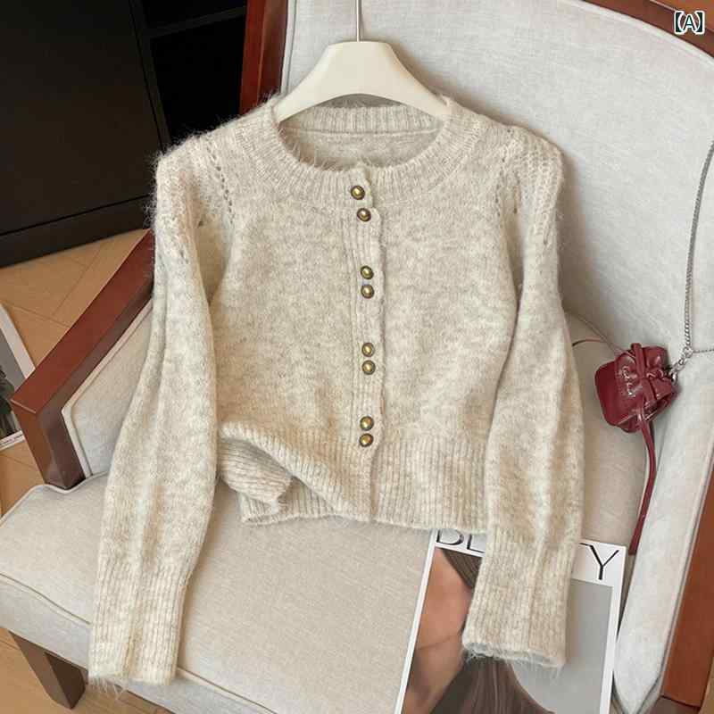 ニット レディース カーディガン ニット レディース カーディガン 自己 保持 スタイルの 推奨〜 柔らかく スタイリッシュな ラウンド ネックニットカーディガン トップス レディース ショート 春秋 レイジー スタイル セーター ジャケット(4)